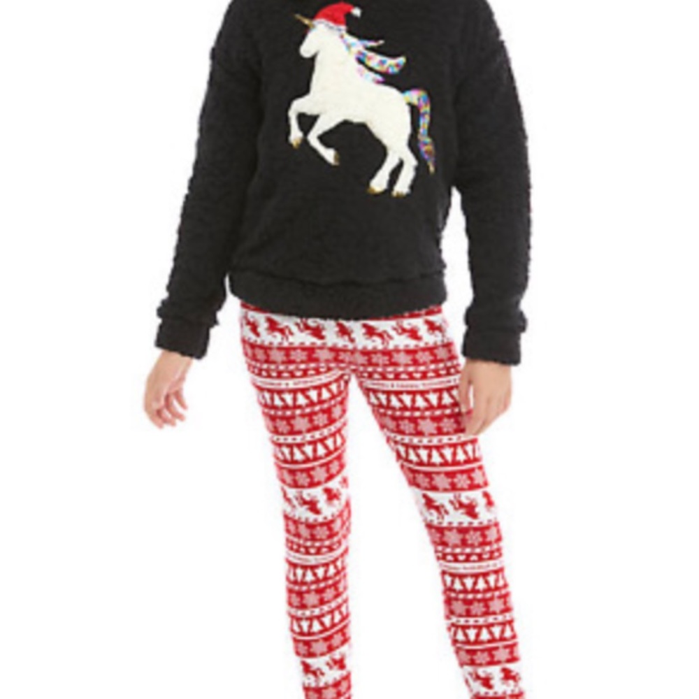 A festive and warm black Sherpa hoodie with unicorn & matching holiday leggings
